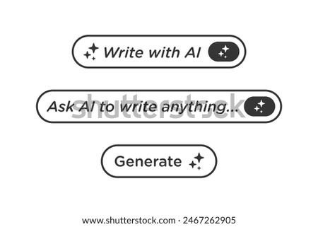 AI buttons icon artificial intelligence generate menu bar vector design template in black color. Write with AI icons set.
