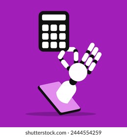 AI calculator app. Robot arm with artificial intelligence helps make financial calculations. Flat vector illustration.