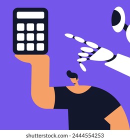 AI calculator and Boy. Robot with artificial intelligence helps make financial calculations. Flat vector illustration.