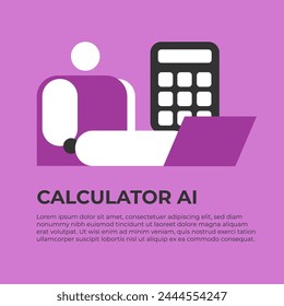 Calculadora AI. Robot con inteligencia artificial ayuda a hacer cálculos financieros. Ilustración vectorial plana.