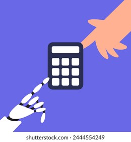 KI-Rechner. Roboter mit künstlicher Intelligenz und Geschäftsmann hilft bei finanziellen Berechnungen. Flache Vektorillustration.