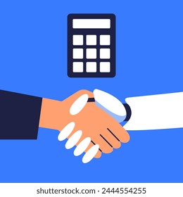 AI calculator. Robot with artificial intelligence helps make financial calculations for businessman. Flat vector illustration.