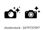 Ai camera icon in high contrast with star symbol. Artificial intelligence camera icons featuring sparkle accents