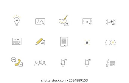 AI Capabilities Vector Icons Set – Artificial Intelligence Tools for Design, Translation, Voice Recognition, Image Generation, and Communication
