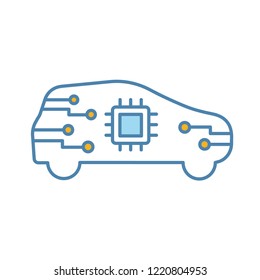 AI car in side view color icon. Autonomous car with chip inside. Smart auto. Intelligent auto. Self driving automobile with processor. Driverless vehicle. Isolated vector illustration