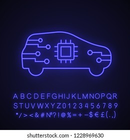 AI car in side view neon light icon. Autonomous car with chip inside. Self driving automobile with processor. Driverless vehicle. Glowing sign with alphabet, numbers. Vector isolated illustration