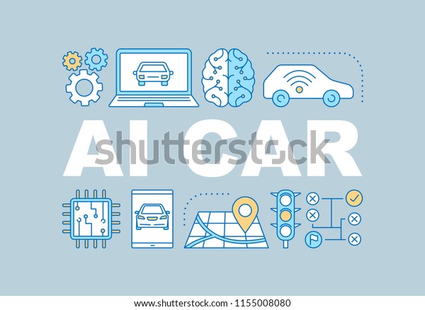AI car\
word concepts banner. Artificial intelligence auto. Autonomous\
automobile. Self driving car. Isolated lettering typography idea\
with linear icons. Vector outline\
illustration