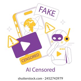 AI Censorship concept. Robot flagging content as fake and censored on a digital screen. Content moderation and misinformation control. Vector illustration.