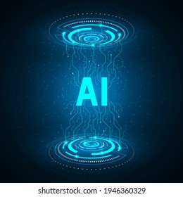 AI is the center of the work of various systems. It is an intelligent system that has been built to facilitate the work. Technology on a dark blue background.