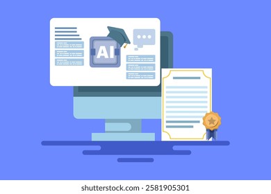 AI certification course concept, AI course, online certification, online education, artificial intelligence learning. vector illustration with icons on background.