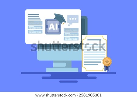 AI certification course concept, AI course, online certification, online education, artificial intelligence learning. vector illustration with icons on background.