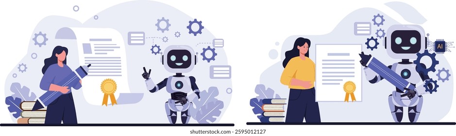 AI Certification Woman Vector. Robot and woman with certificate. AI education, compliance, legal doc