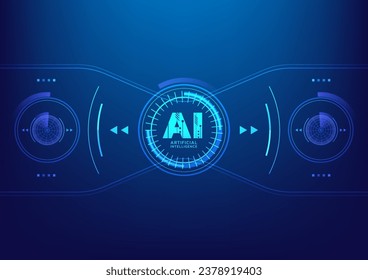 AI changing everything. Blue background futuristic with logo AI circle radar HUD, Radar scan. Search find technology. Augmented reality. Artificial intelligence.	