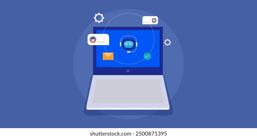 AI chat agent answering customer query, artificial intelligence communicating with customers, Business AI chat bot, AI driven CRM - vector illustration with icons