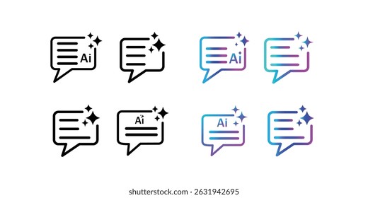 AI chat assistant artificial intelligence icon symbol of generative content creation speech bubble chat bot icon outline and gradient set