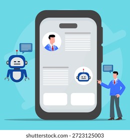 AI chat assistant on smartphone screen concept, showing virtual chatbot conversation, smart customer support, mobile messaging interface, and artificial intelligence communication technology.