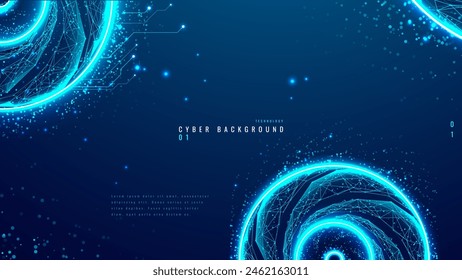 AI chat background. Abstract digital chatbot elements on dark blue background with light neon circles, polygons, and particles. Tech bg. Artificial Intelligence concept. Technology vector illustration