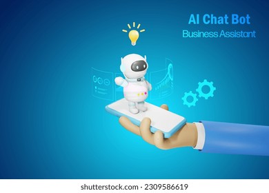 AI chat bot analyzing business graph report on businessman hand's smart phone. Artificial Intelligence robot technology acts as business assistant in decision making and problem solving. 3D vector.