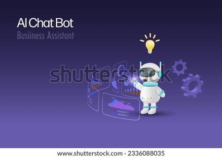 AI chat bot analyzing business graph report and generate smart solution. Artificial Intelligence robot technology acts as business assistant in decision making and problem solving. 3D vector.