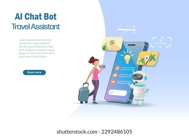 AI chat bot arrange smart vacation trip. Woman backpacker holding camera, carrying luggage enjoy her trip with online smart information from Artificial intelligence. 3D vector.