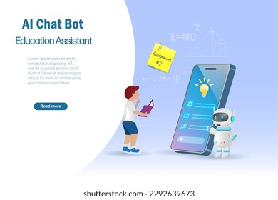 AI chat bot assist kid student doing homework assignment. Artificial intelligence robot generates information and summarize knowledge to accomplish tasks in smart solution. Education Technology.