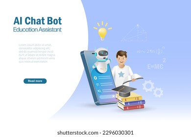 AI chat bot assist kid student doing homework assignment. Artificial intelligence robot generates information and summarize knowledge to accomplish tasks in smart solution. Education Technology.