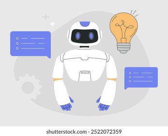 Assistente de bot de bate-papo AI gera ideias criativas. Brainstorming robô inteligente, ajuda a encontrar a solução. Conceito de inteligência artificial, lâmpada e engrenagem em fundo isolado. Ilustração de vetor plano