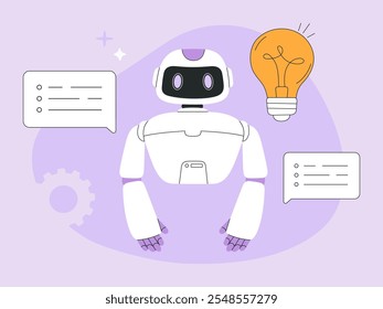 AI chat bot assistant generates creative ideas, helps to find answers and solution for business. Artificial intelligence concept, light bulb and gear on isolated background. Flat vector illustration