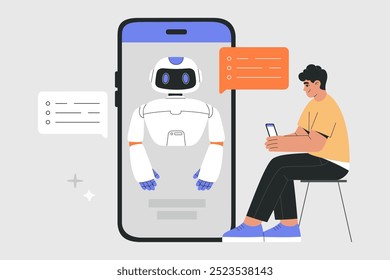 AI chat bot assistant and human communication concept, man using online Artificial Intelligence customer service, virtual business help via smartphone. Flat vector illustration on isolated background