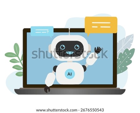AI chat bot assistant on the website in computer, artificial intelligence reply to question. Online consultant support in laptop. smiling robot with message bubbles