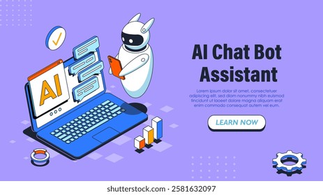 AI chat bot assistant poster. Bot with laptop. Artificial intelligence and machine learning. Automation of answers to questions. Landing webpage design. Isometric vector illustration