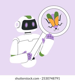 AI chat bot character fix bugs with magnifying glass, Artificial Intelligence cyborg helps with code, online data analyse for development. Flat vector modern illustration isolated on purple background