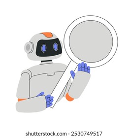 AI chat bot character with magnifying glass, Artificial Intelligence cyborg helps with task, online communication support and data analyse. Flat vector modern illustration isolated on white background