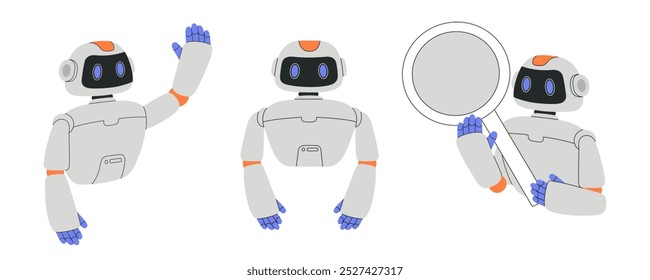 AI bate-papo conjunto de personagens de bot, Inteligência Artificial cyborgs ajudar com diferentes tarefas, suporte de comunicação on-line e análise de dados. Vetor plano ilustração moderna isolado no fundo branco