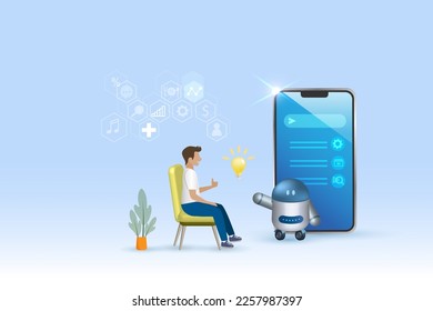 AI chat bot chatting with man in natural language provide information and smart solutions. Artificial intelligence robot generate smart conversation and solution idea. 3D vector.
