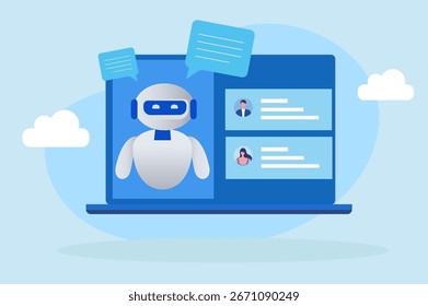  AI chat bot communicate with user. Artificial intelligence answer robot innovation technology and AI assistant support AI servers and robots technology, artificial bot mind. vector illustration