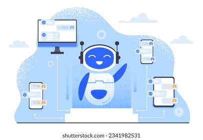 AI chat bot concept. Artificial intelligence and machine learning. Modern technologies and innovations. Answers to frequently asked questions. Assistant and helper. Cartoon flat vector illustration