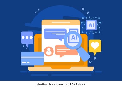 KI-Chat-Bot-Konzept für den Kundensupport, Online-Kundendienst, KI löst Kundenprobleme, KI-basierte Lösungen für Kunden, Hintergrund-Vektorgrafik mit Symbolen.