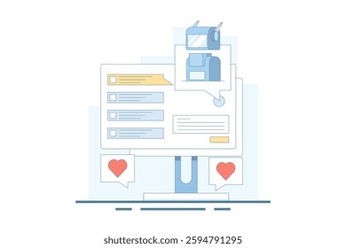 AI Chat Bot Concept integrated with search engine, AI chat helps search engine, AI gives answers to questions. Artificial intelligence, flat vector illustration on background.
