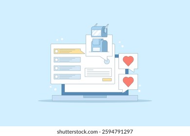 AI Chat Bot Concept integrated with search engine, AI chat helps search engine, AI gives answers to questions. Artificial intelligence, flat vector illustration on background.