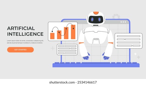 AI chat bot crea gráficos, gráficos y ayuda con las tareas, encontrar ideas y hacer análisis de datos para negocios y finanzas, concepto de ingeniería de Instrucción tecnológica. Ilustración vectorial plana para Anuncio o página de Web