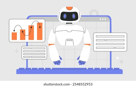 AI chat bot cria gráficos, gráficos e ajuda com tarefas, encontrar ideias e fazer análises de dados para negócios e finanças, tecnologia conceito de engenharia pronto. Ilustração de vetor plano isolada no plano de fundo