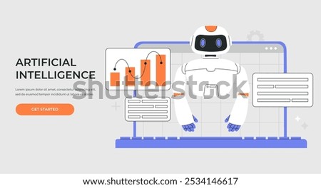 AI chat bot creates graphs, charts and helps with tasks, find ideas and make data analyses for business and finances, tech prompt engineering concept. Flat vector illustration for banner or web page