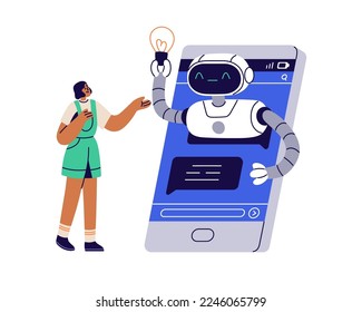 Un bot de chat de IA y la comunicación con el cliente. Respuestas de robots, resolución de problemas en línea a través del servicio de mensajería telefónica. Apoyo y ayuda en Internet. Ilustración vectorial gráfica plana aislada en fondo blanco.