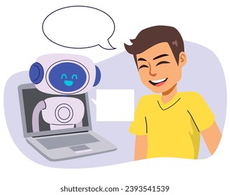 AI-Chat-Bot und Kundenkommunikation, Vektorgrafik. Chatbot beantworten, Lösung Problem online über Laptop. Internet-Support- und Hilfe-Konzept