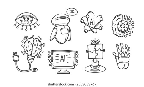 Conjunto de iconos de línea de bot de chat de IA y soluciones cerebrales digitales. Esquema dibujado a mano ojo y bombilla con placa de circuito, robot. Mascotas de inteligencia artificial, Ilustración vectorial de colección de iconos de IA