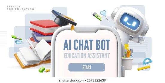 AI Chat bot education assistant. 3D vector landing page design. Chatbot robot study assistance service in smartphone. Artificial intelligence support technology. School lesson and science with robot