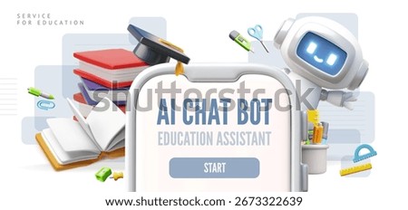 AI Chat bot education assistant. 3D vector landing page design. Chatbot robot study assistance service in smartphone. Artificial intelligence support technology. School lesson and science with robot
