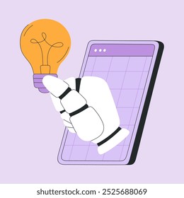 KI-Chat-Bot kreative Ideen zu generieren, Roboter Hand hält eine Glühbirne in Smartphone, menschliche Assistent hilft Brainstorming, finden Sie Lösung für Unternehmen. Flache Vektorgrafik auf isoliertem Hintergrund