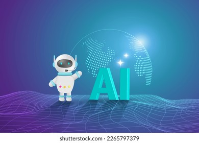 AI Chat-Bot mit Globus in metaverse Umgebung erzeugen intelligente Lösung Antwort und kommunizieren mit dem Benutzer. Künstliche Intelligenz beantwortet Roboterinnovationstechnologie. 3D-Vektorgrafik.